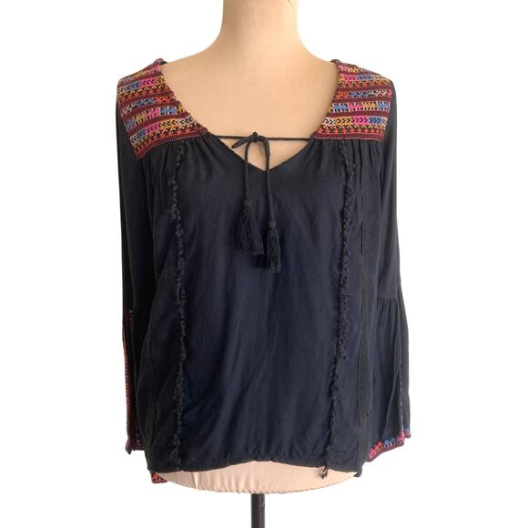 Billabong Peasant Tunic Top Black S / P Embroidery Bell Sleeve Boho Baja Folk - Picture 1 of 12